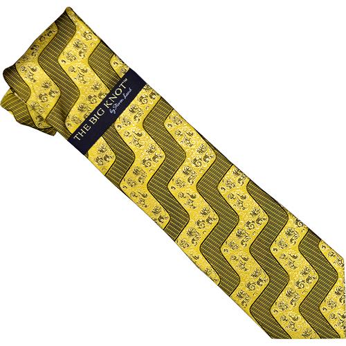 Steven Land Collection "Big Knot" SL056 Gold / Black Wavy Diagonal Striped Design 100% Woven Silk Necktie/Hanky Set